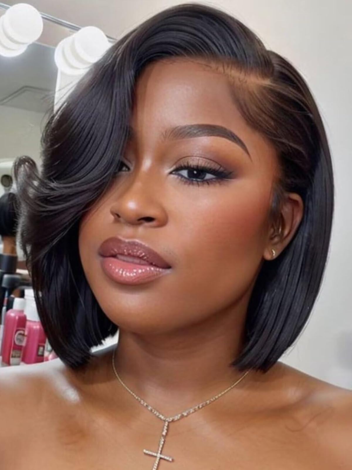Trilumity Short Layered Bob Drawstring Bob Human Hair - Natural Black Hair Replacement Wig
