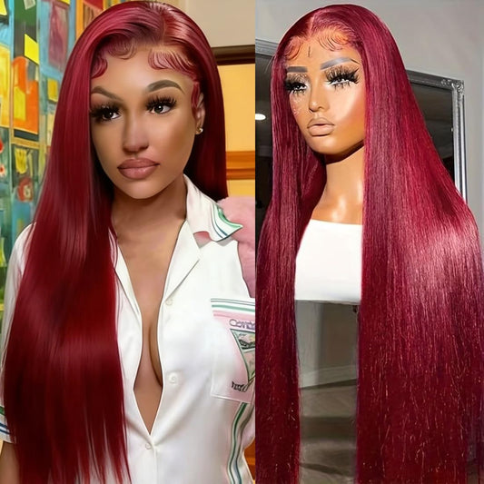 Trilumity 99J Burgundy 13X6 Straight Straight Human Hair - Burgundy Hair Replacement Wig
