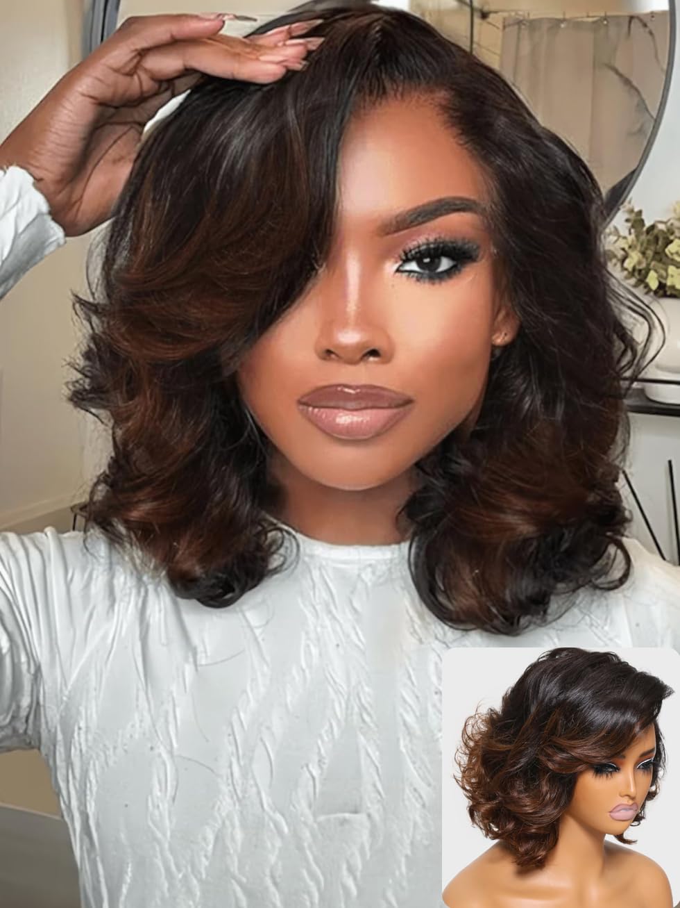 Trilumity Chestnut Brown Loose Wavy Bob Human Hair - Brown Hair Replacement Wig