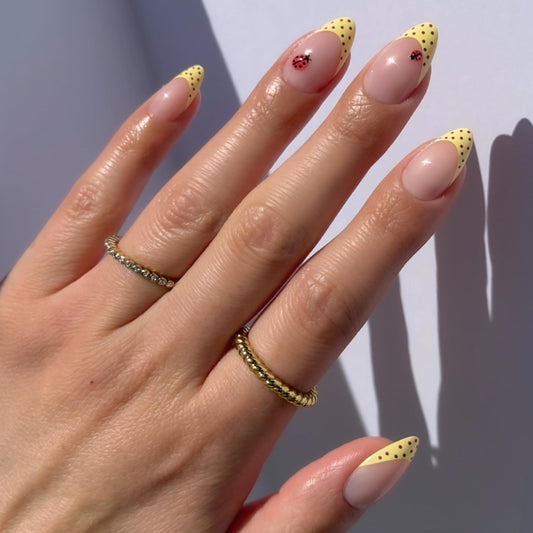 Trilumity With Polka Dot French Short Almond Soft Gel - Nude Pink Press On Nails