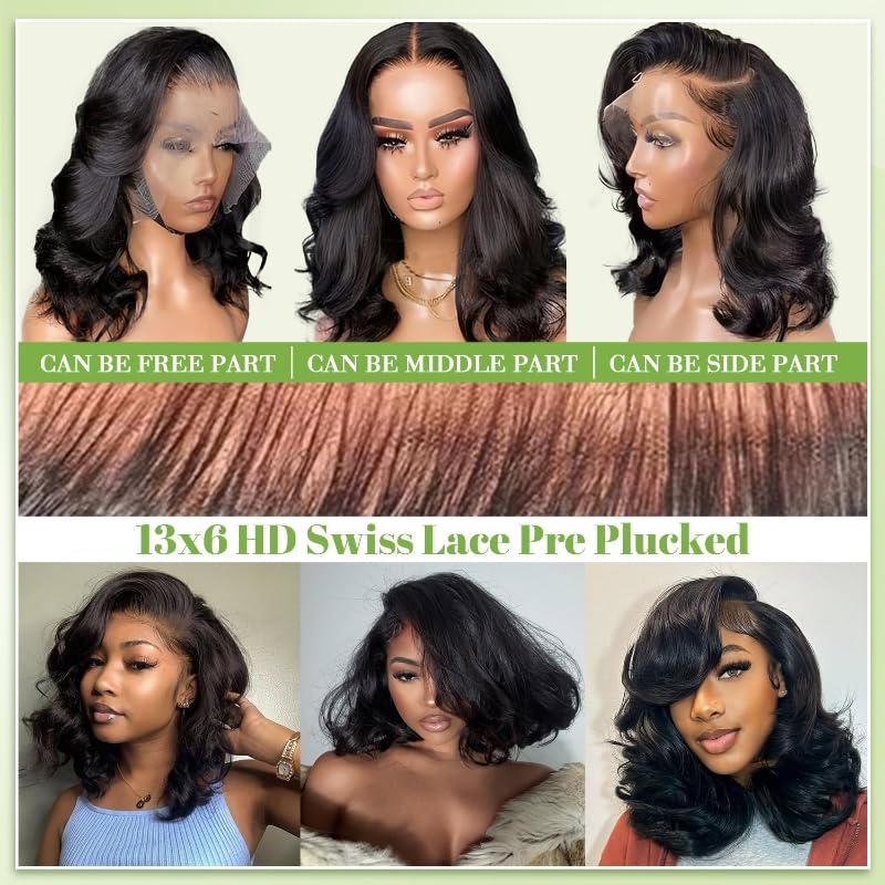 Trilumity 13X6 Front Bob Short Body Wave 100% Human Hair - Natural Black Hair Replacement Wig