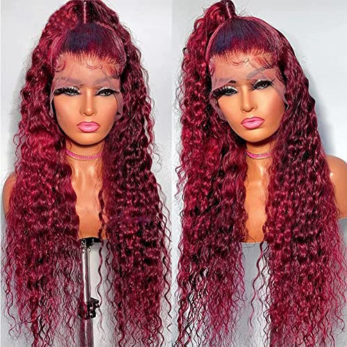 Trilumity 99J Burgundy 13X6 180 Deep Wave Human Hair - Burgundy Hair Replacement Wig