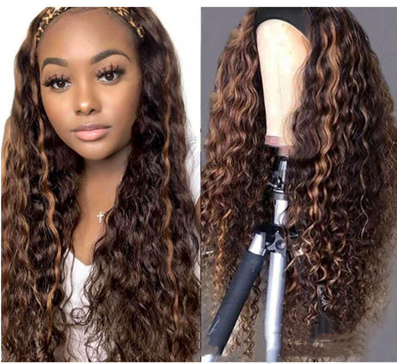 Trilumity Curly Headband Wig in Honey Blonde, side profile
