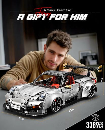 Trilumity Motorized Building Block Set: 1: 8 Sliver Porsche Gt2 RS with Electric Suspension Lifting, Electric Doors Remote Control Model (3389-Piece)