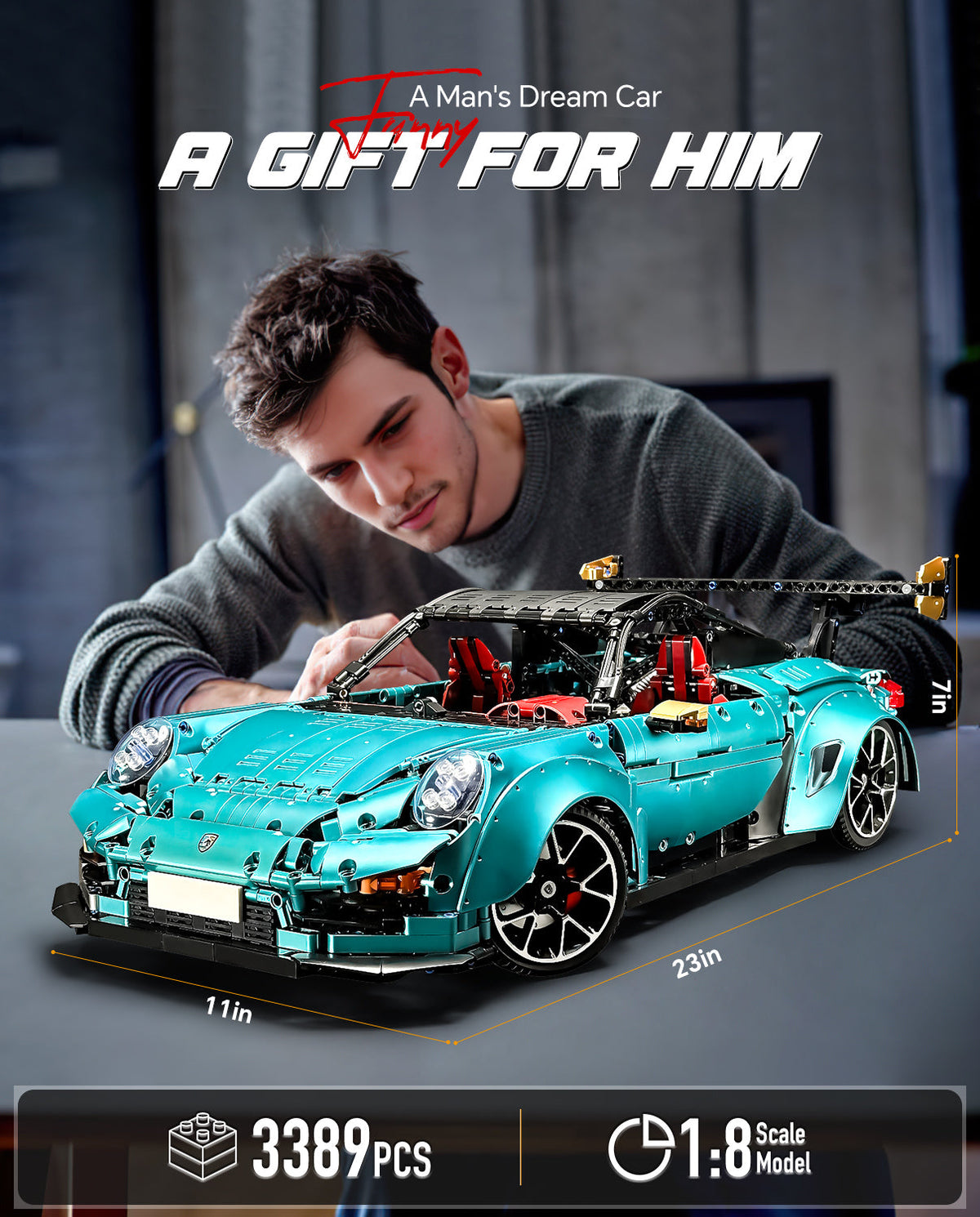 Trilumity Motorized Building Block Set: 1: 8 Blue Porsche Gt2 RS with Electric Suspension Lifting, Electric Doors Remote Control Model (3389-Piece)