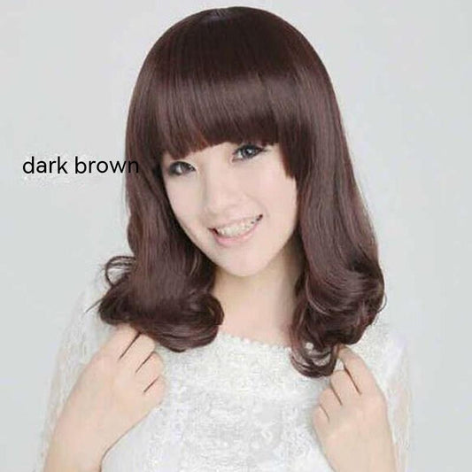 Trilumity Curly Wig with Bangs in Dark Brown, three-quarter view