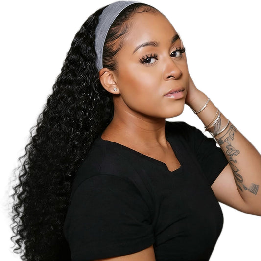Trilumity Headband Half Deep Wave Human Hair - Natural Black Hair Replacement Wig