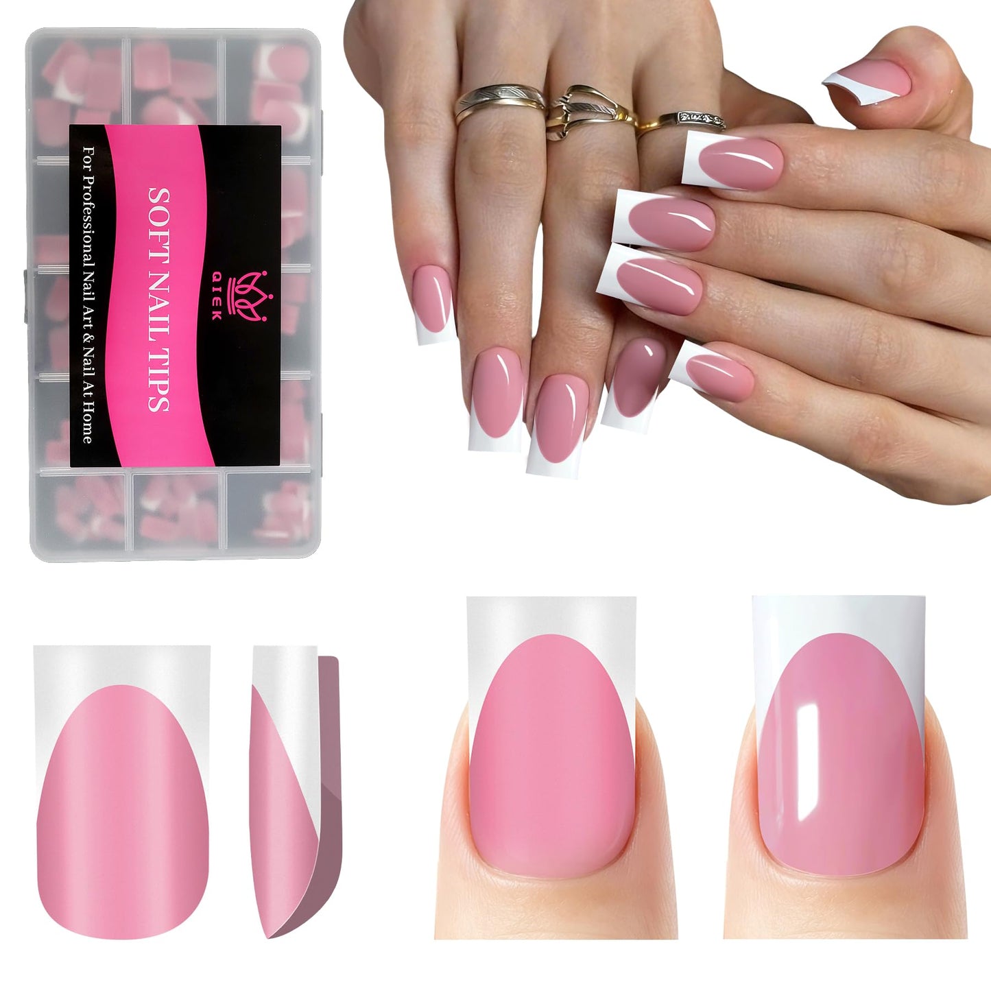 Trilumity French Tips Deep Pink Short Square Soft Gel - Pink Press On Nails