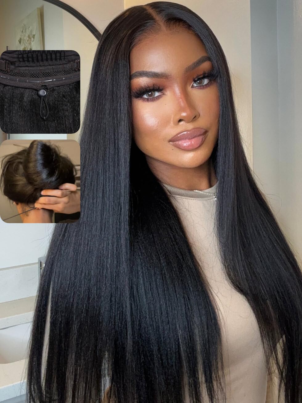 Trilumity Yaki Straight Human Hair - Natural Black Hair Replacement Wig
