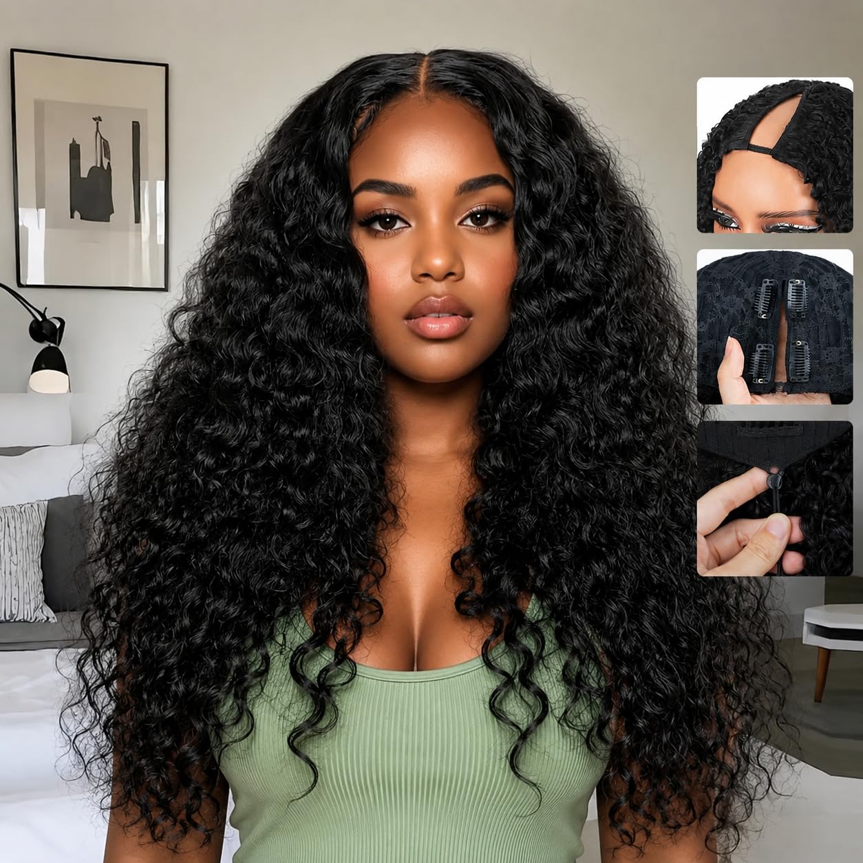 Trilumity V Part Glueless For Deep Wave Human Hair - Natural Black Hair Replacement Wig
