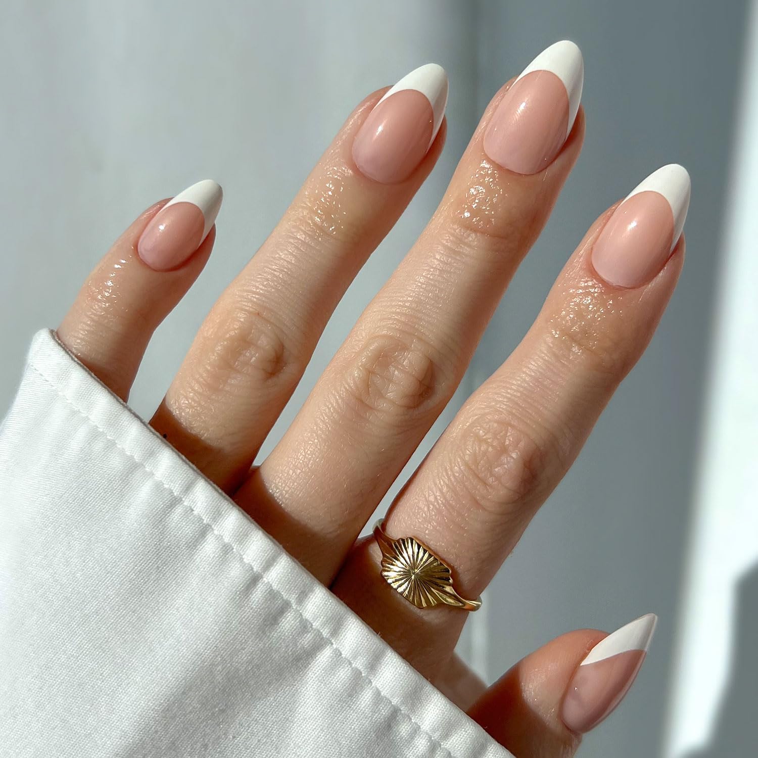 Trilumity French Tip UV Short Almond Soft Gel - Nude Pink Press On Nails