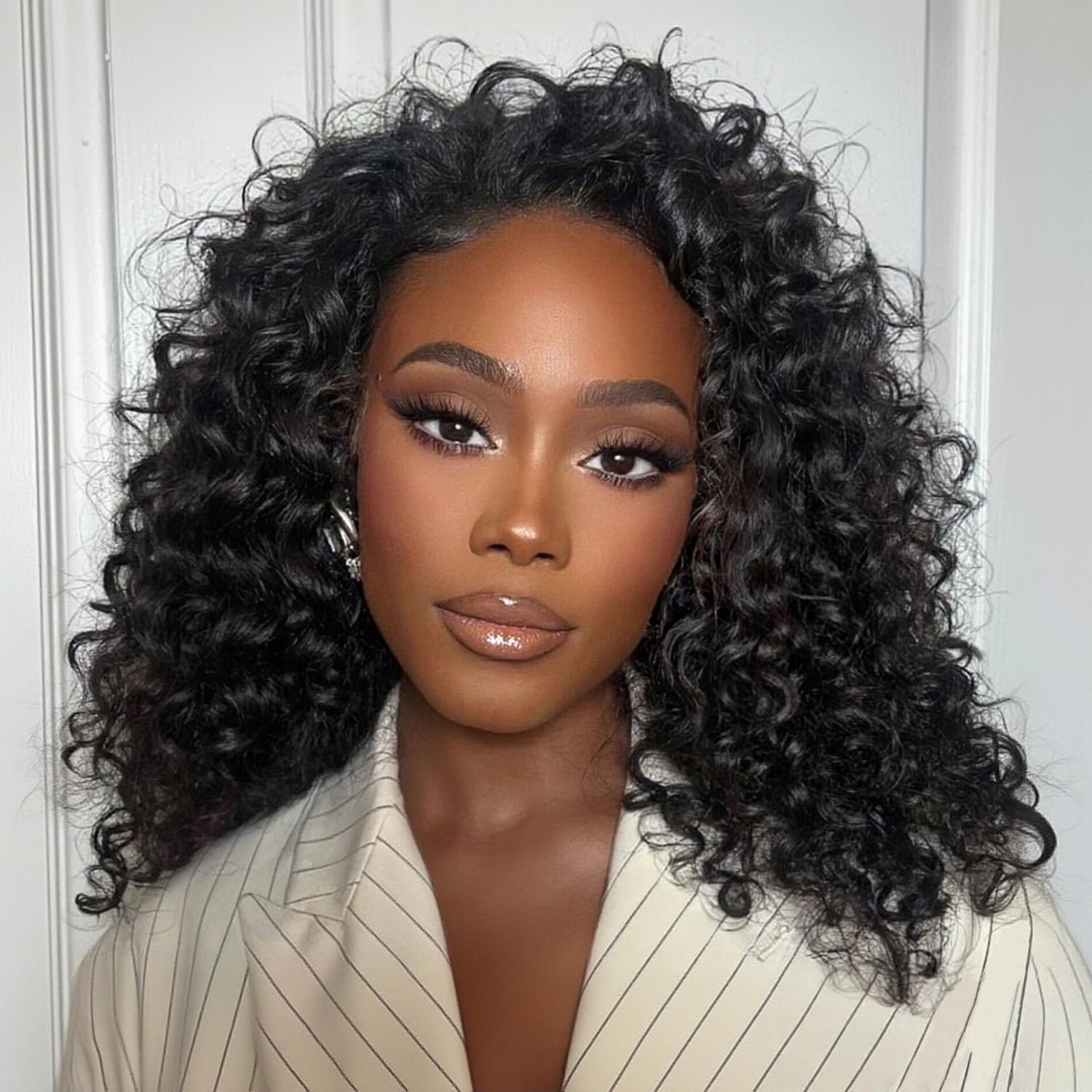 Trilumity Half Half Drawstring Seamless Deep Wave Human Hair - Natural Black Hair Replacement Wig