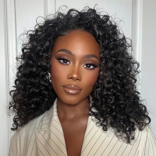 Trilumity Half Half Drawstring Seamless Deep Wave Human Hair - Natural Black Hair Replacement Wig