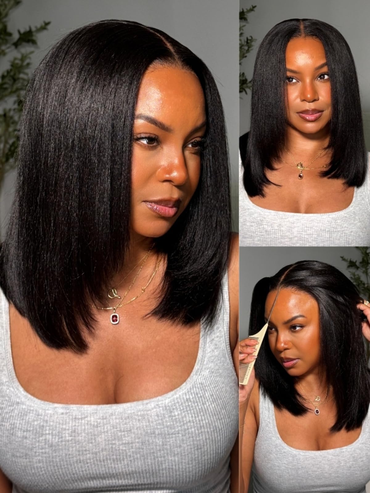 Trilumity Layered Yaki Straight Bob Straight 100% Human Hair - Natural Black Hair Replacement Wig