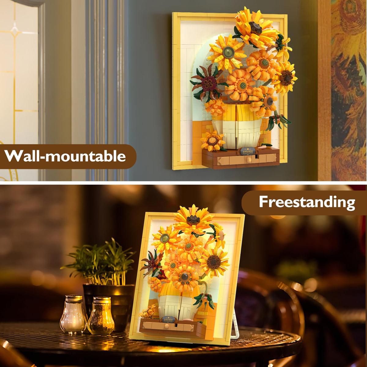 Trilumity Sunflower Flower Set with Sensor Light, 3D Sunflower Van Gogh Painting Frame Wall Art Crafts Building Block Set, 1,166-Piece