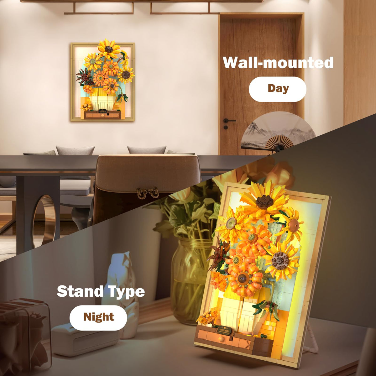 Trilumity Sunflower Flower Set with Sensor Light, 3D Sunflower Van Gogh Painting Frame Wall Art Crafts Building Block Set, 1,166-Piece