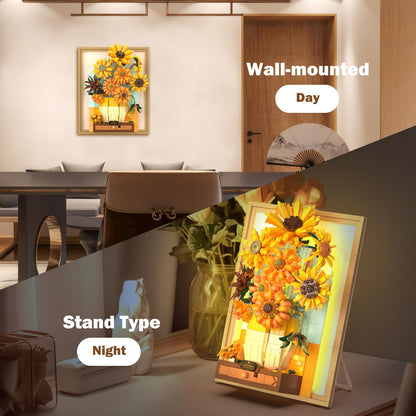 Trilumity Sunflower Flower Set with Sensor Light, 3D Sunflower Van Gogh Painting Frame Wall Art Crafts Building Block Set, 1,166-Piece