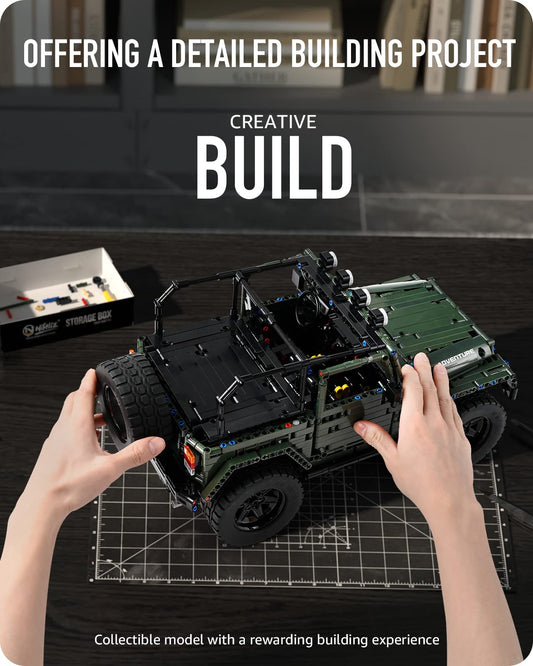 Trilumity Jeep Wrangler Army Green Off-Road Pickup, Adult Collectible Model Cars Building Block Set, 1:8 Scale, Remote Control, 2,096-Piece