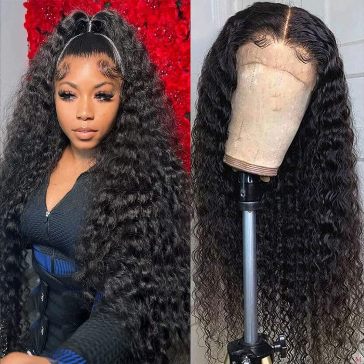 Trilumity Pinketer 13X4 Al Wet Deep Wave Human Hair - Natural Black Hair Replacement Wig