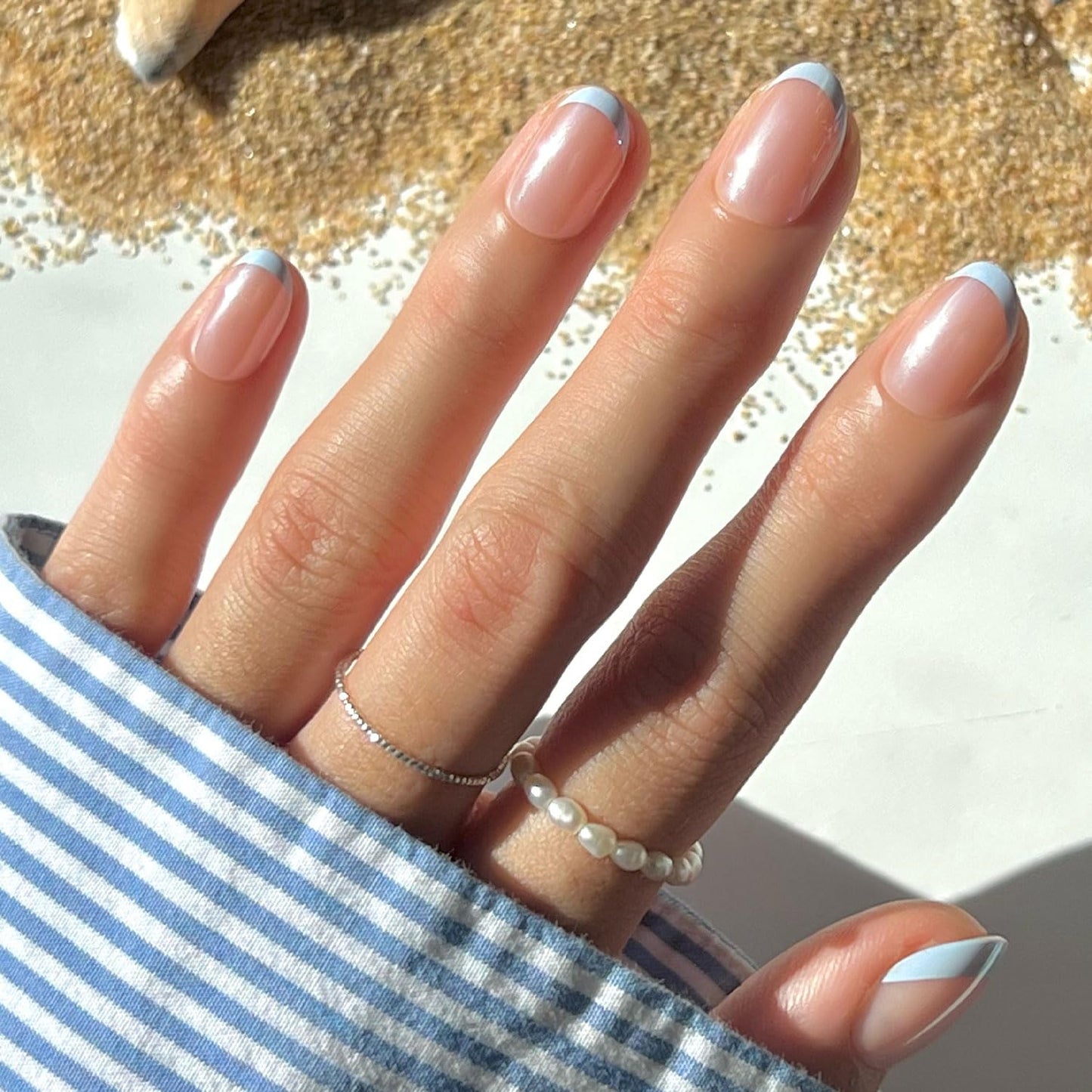 Trilumity Into Blue Glazed With Short Oval Soft Gel - Nude Pink Press On Nails