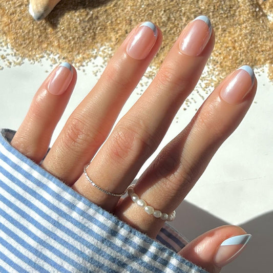 Trilumity Into Blue Glazed With Short Oval Soft Gel - Nude Pink Press On Nails