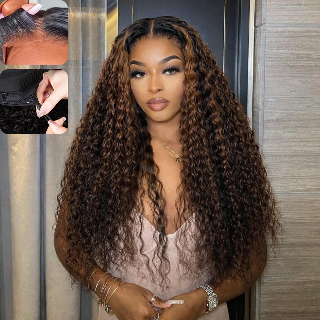 Trilumity 7X5 Highlight Ombre Glueless Deep Wave Human Hair - Natural Black Hair Replacement Wig