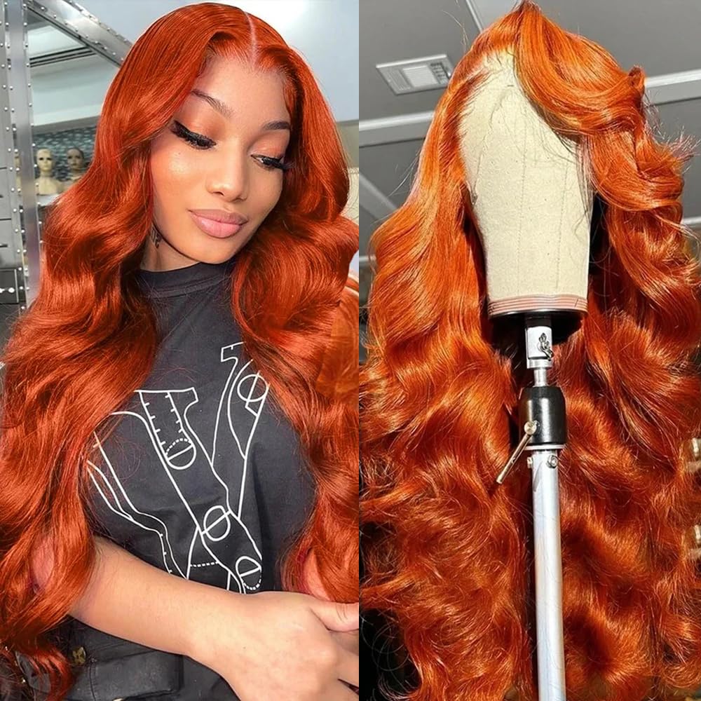 Trilumity Ginger Orange Wavy Body Wave Human Hair - Natural Black Hair Replacement Wig