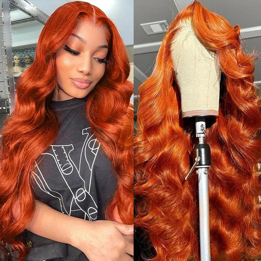 Trilumity Ginger Orange Wavy Body Wave Human Hair - Natural Black Hair Replacement Wig