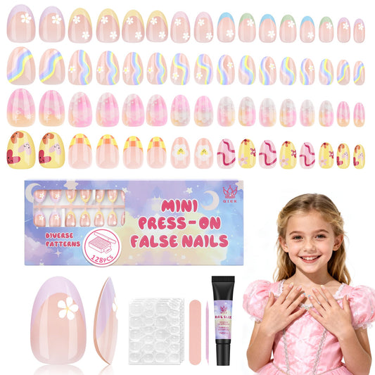 Trilumity 128 Pieces For Kids Short Almond Soft Gel - Nude Pink Press On Nails