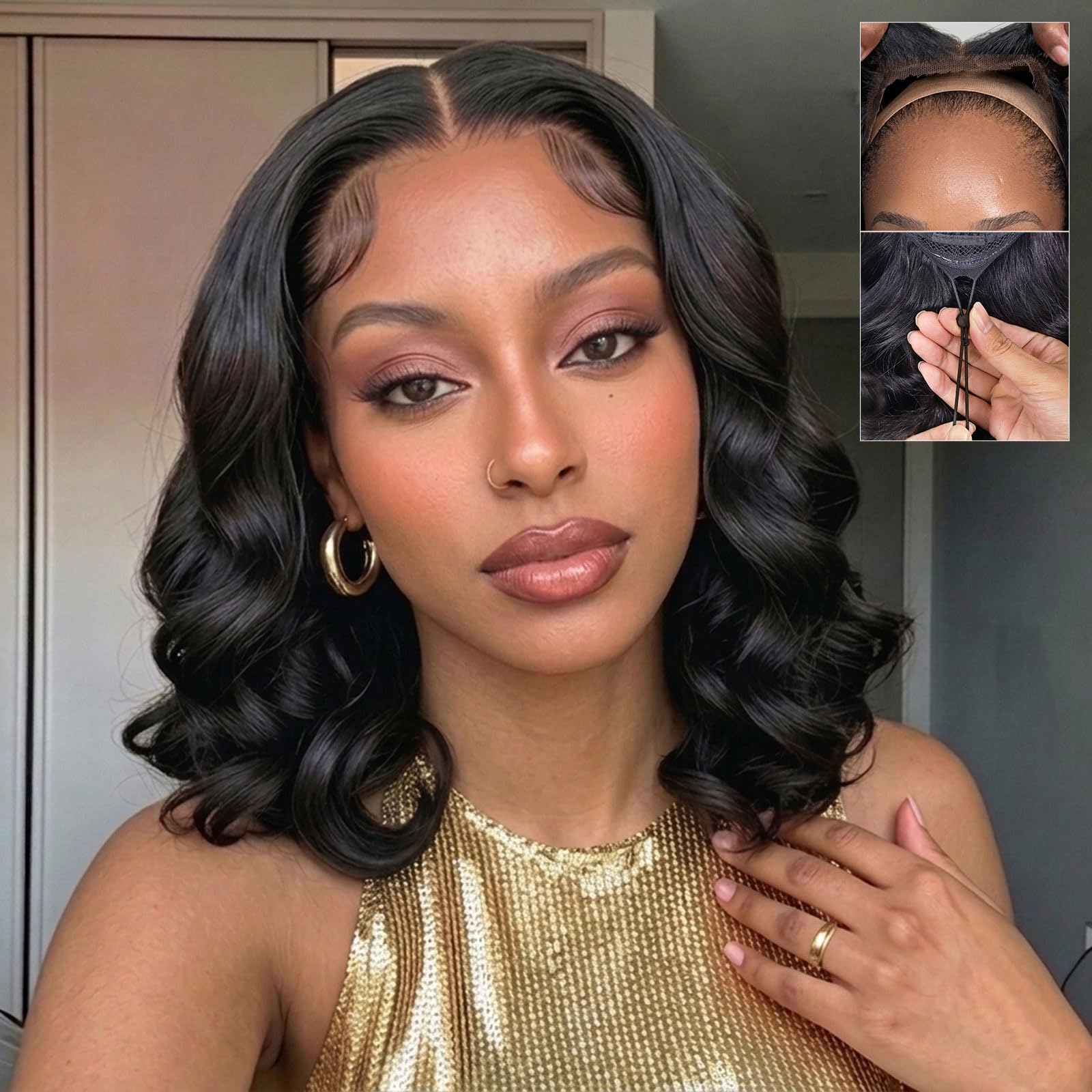 Trilumity Glueless Drawstring Bob 7X5 Body Wave 100% Human Hair - Natural Black Hair Replacement Wig