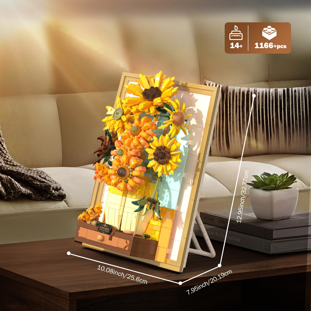 Trilumity Sunflower Flower Set with Sensor Light, 3D Sunflower Van Gogh Painting Frame Wall Art Crafts Building Block Set, 1,166-Piece