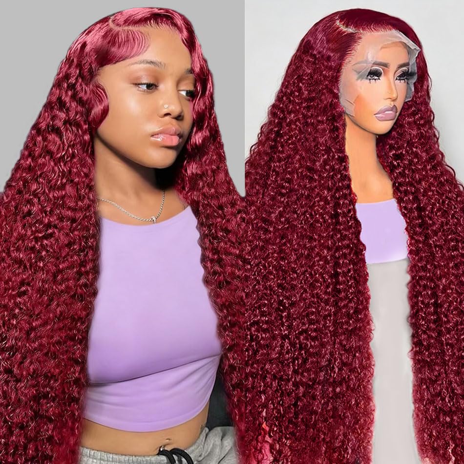 Trilumity Burgundy 99J Burgundy 13X6 Deep Wave Human Hair - Burgundy Hair Replacement Wig