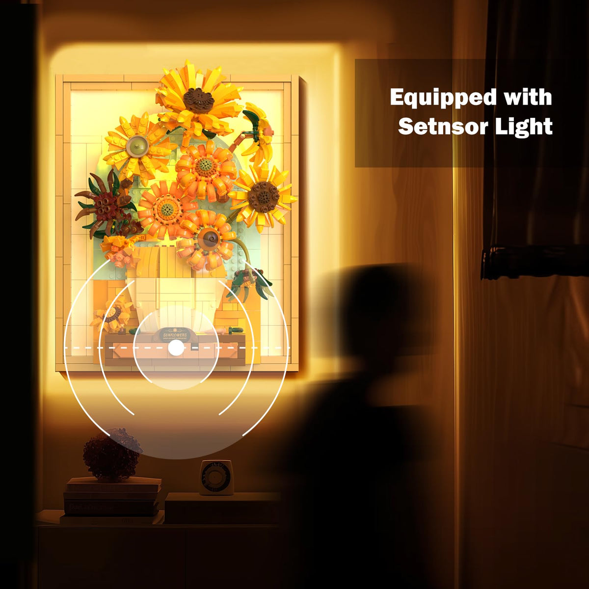 Trilumity Sunflower Flower Set with Sensor Light, 3D Sunflower Van Gogh Painting Frame Wall Art Crafts Building Block Set, 1,166-Piece