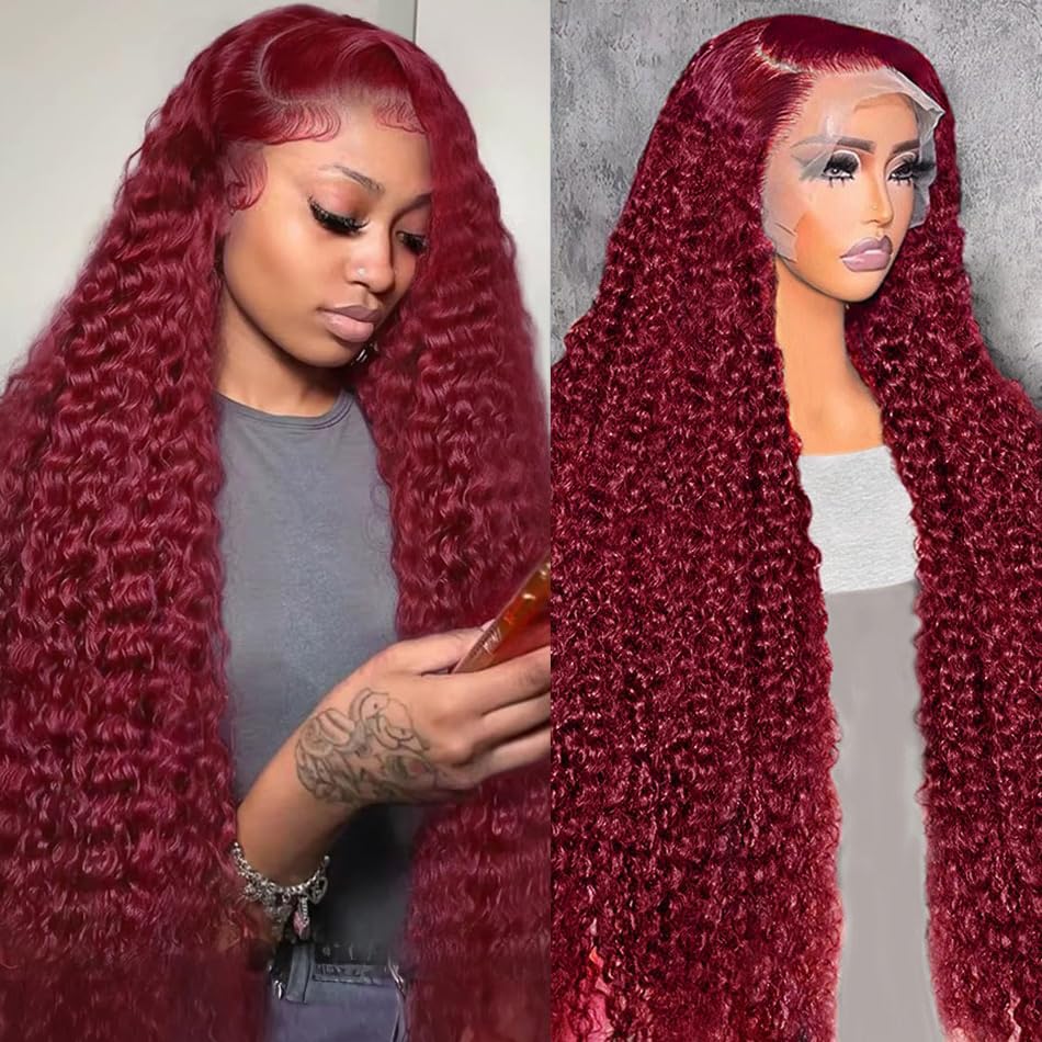 Trilumity Burgundy 250 Density Deep Wave Human Hair - Burgundy Hair Replacement Wig
