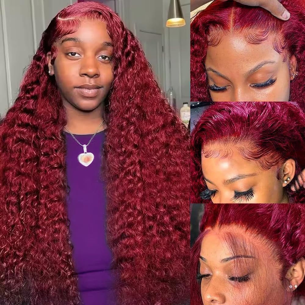 Trilumity Burgundy 99J 13X6 Red Deep Wave Human Hair - Burgundy Hair Replacement Wig