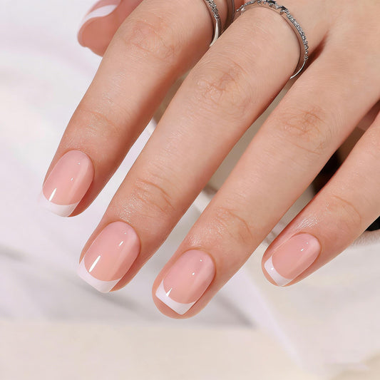 Trilumity Glossy French Tip Reusable Short Square Soft Gel - Nude Pink Press On Nails