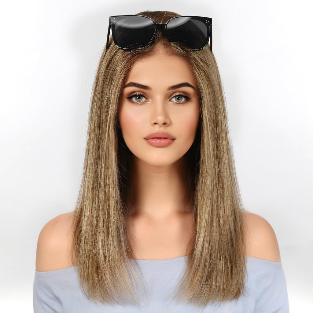 KKU 16 Inch Brown Mixed Blonde Human Hair Wigs for Women,5x5 Lace Front Wigs Human Hair,wigs for women