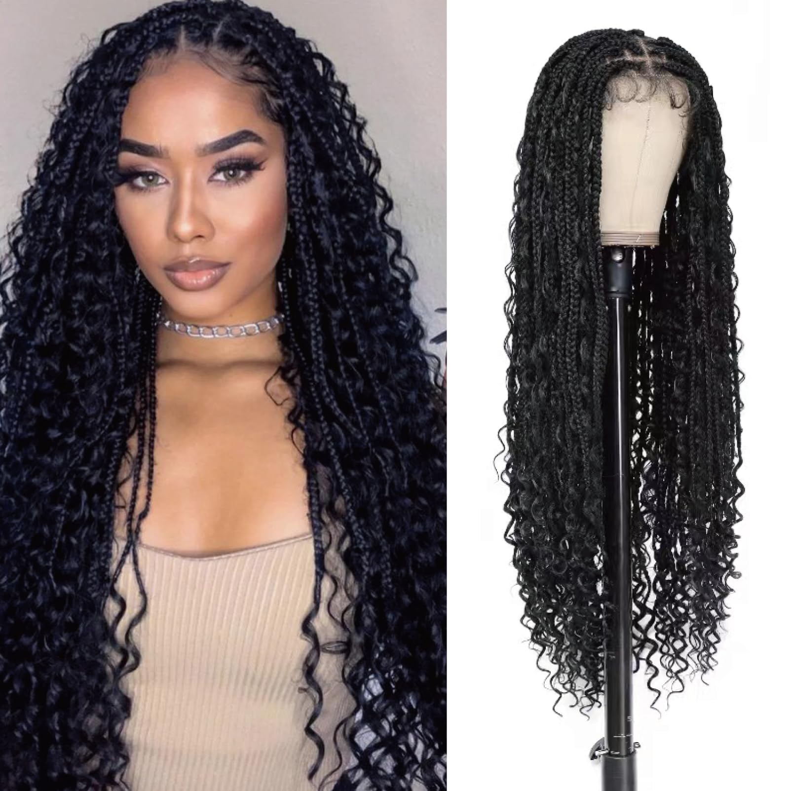 Trilumity Boho Knotless Braided For Curly 100% Human Hair - Natural Black Hair Replacement Wig