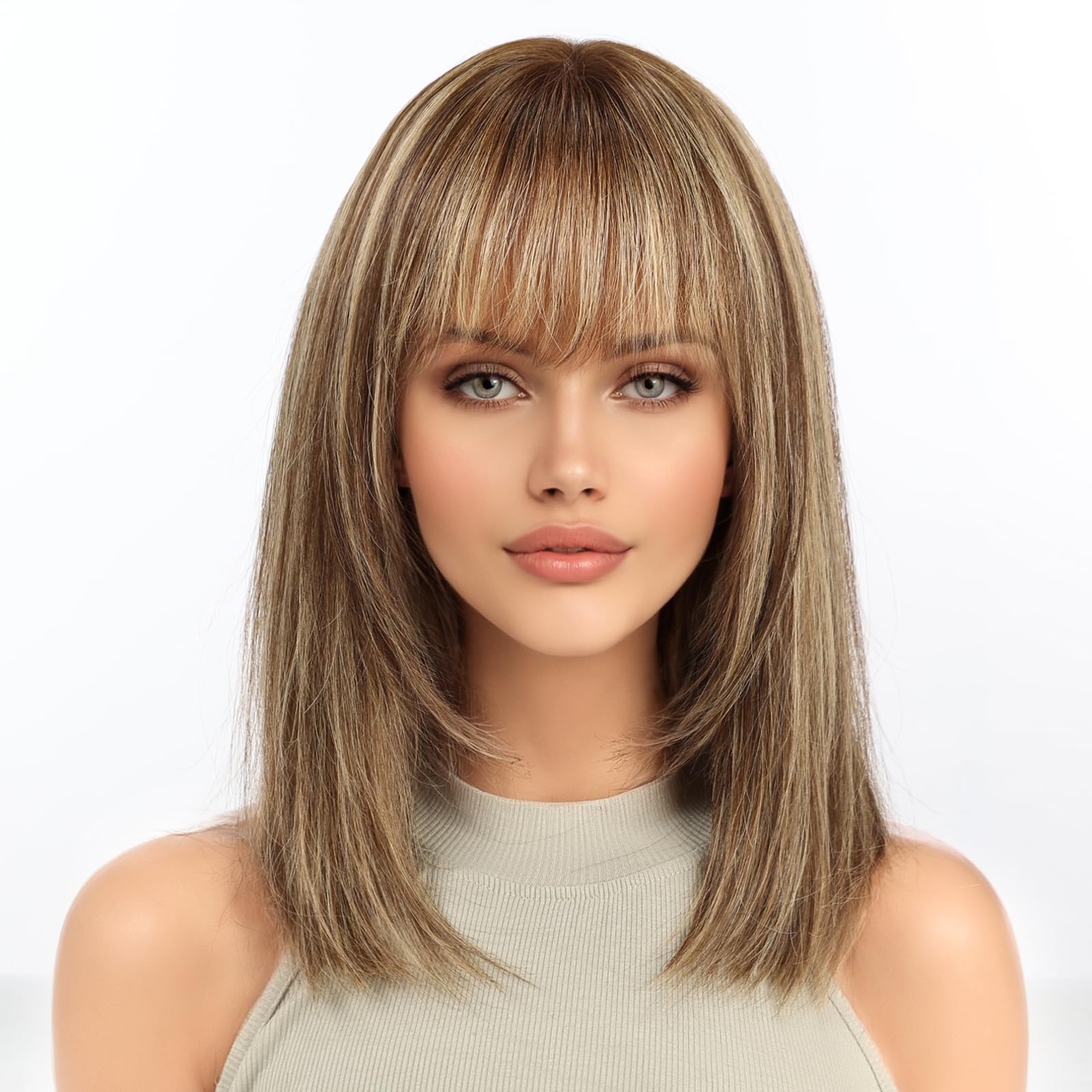 KKU 14 Inch Brown Mixed Blonde Layered Straight Human Hair Wig with Bangs, Human Hair Wigs for Women, Wear Natural Realism for Daily Use