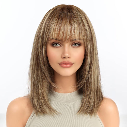 KKU 14 Inch Brown Mixed Blonde Layered Straight Human Hair Wig with Bangs, Human Hair Wigs for Women, Wear Natural Realism for Daily Use