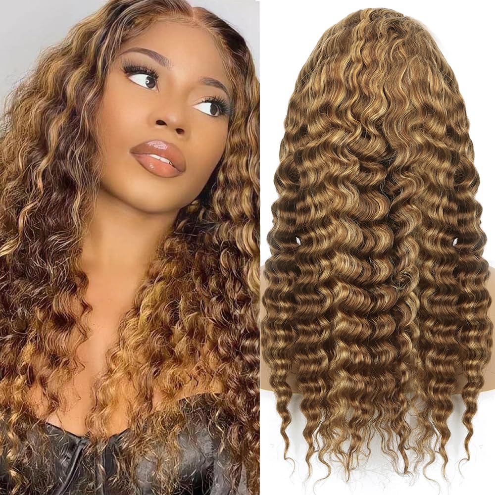 Trilumity Highlighted Honey Blonde Highlight Deep Wave Human Hair - Honey Blonde Hair Replacement Wig