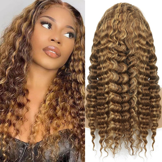 Trilumity Highlighted Honey Blonde Highlight Deep Wave Human Hair - Honey Blonde Hair Replacement Wig
