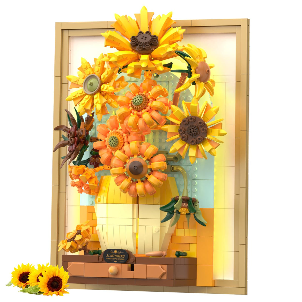 Trilumity Sunflower Flower Set with Sensor Light, 3D Sunflower Van Gogh Painting Frame Wall Art Crafts Building Block Set, 1,166-Piece