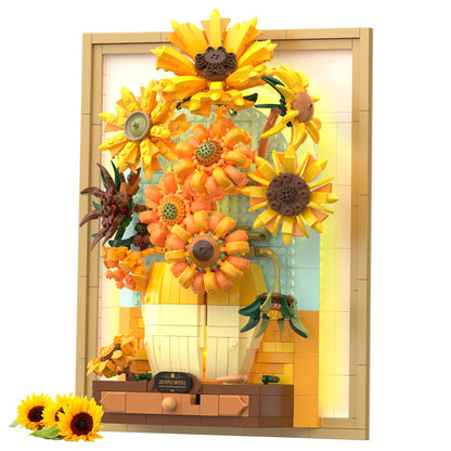 Trilumity Sunflower Flower Set with Sensor Light, 3D Sunflower Van Gogh Painting Frame Wall Art Crafts Building Block Set, 1,166-Piece