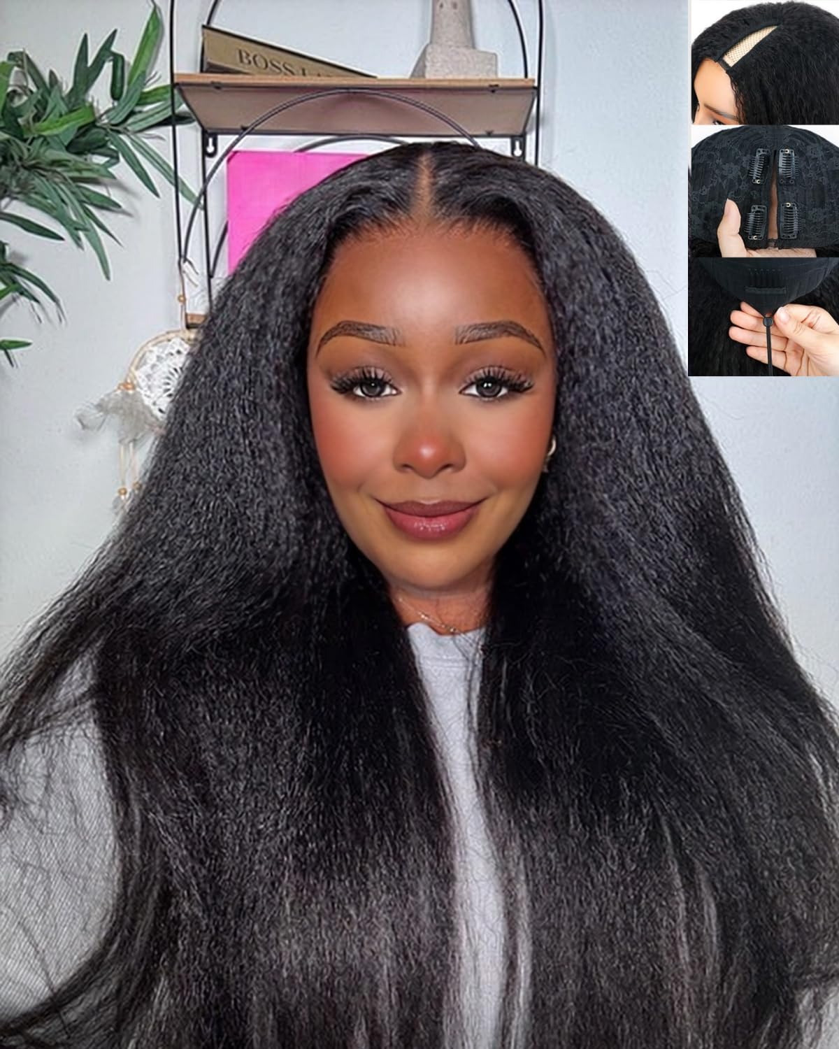 Trilumity V Part Kinkystraight With Straight Human Hair - Natural Black Hair Replacement Wig