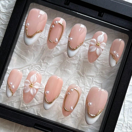 Trilumity 3D White Pearl Short Almond Acrylic - White Press On Nails
