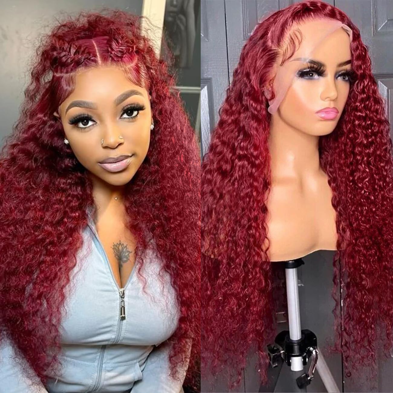Trilumity Burgundy 99J Burgundy 13X6 Deep Wave 100% Human Hair - Burgundy Hair Replacement Wig
