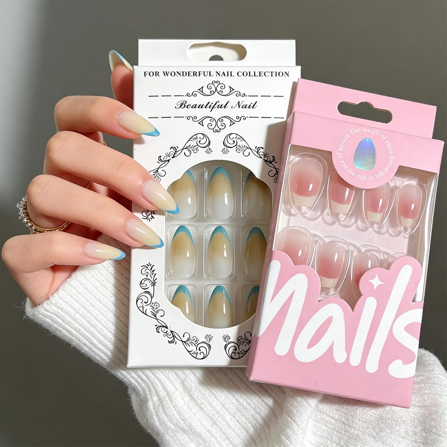 Trilumity 2 Packs French Tip Short Almond Soft Gel - Nude Pink Press On Nails