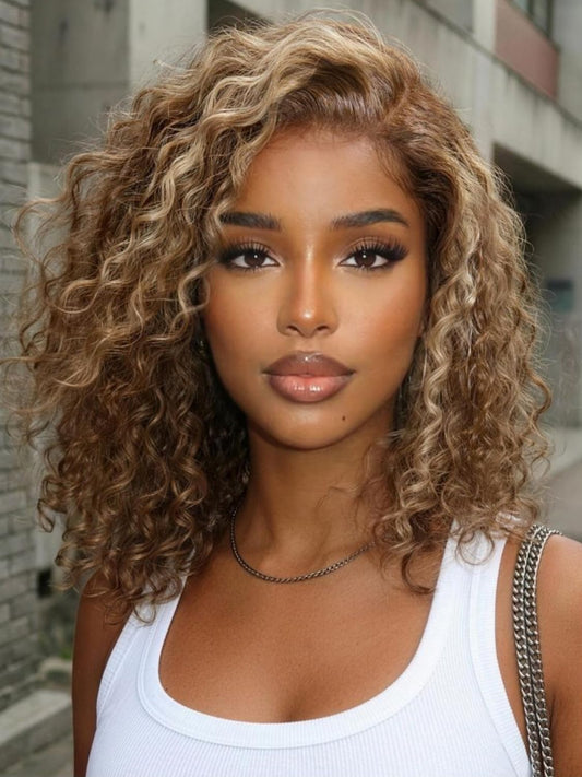 Trilumity Glueless Bob Honey Blonde Curly 100% Human Hair - Honey Blonde Hair Replacement Wig