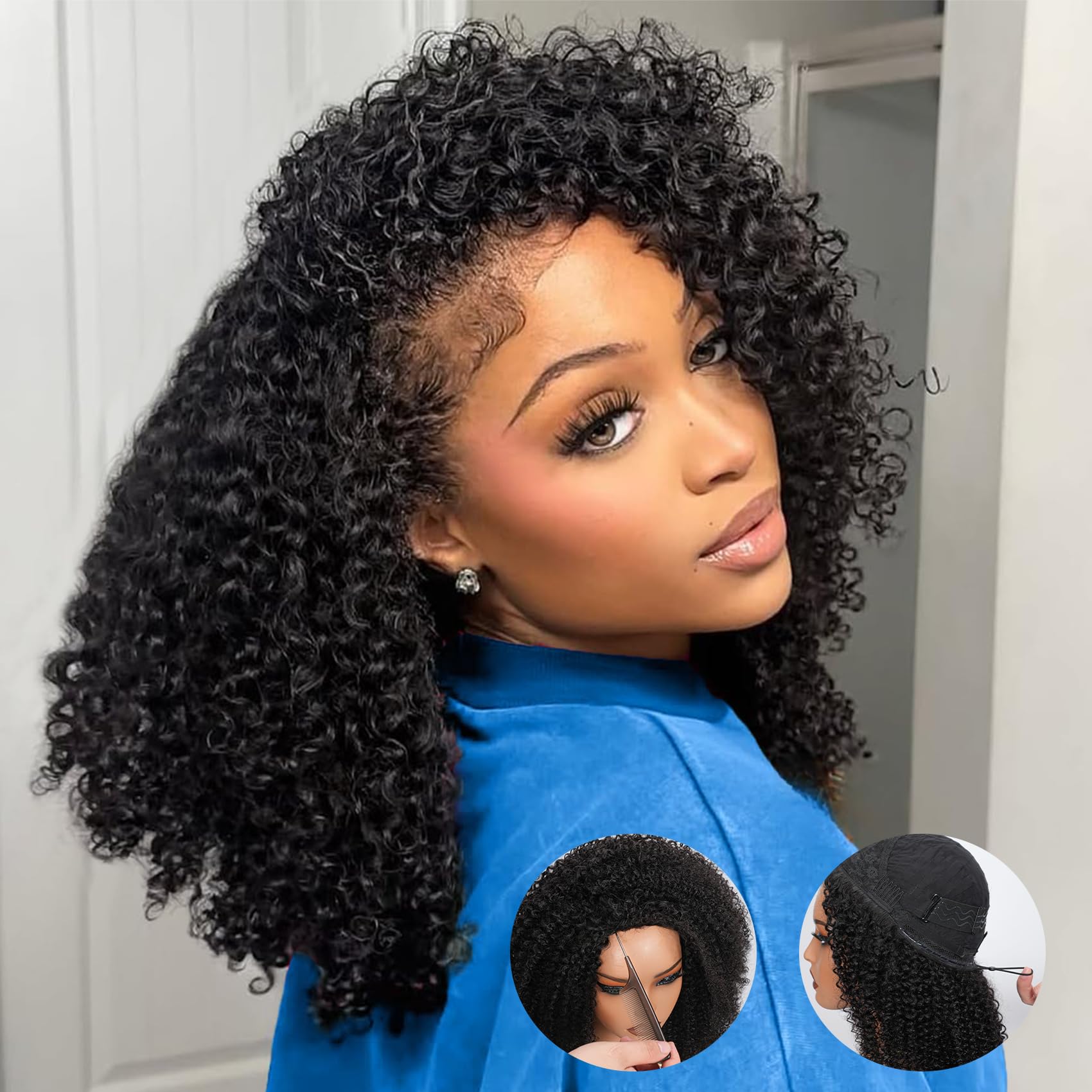 Trilumity Half ，100% Real 205G，3 Curly Human Hair - Natural Black Hair Replacement Wig